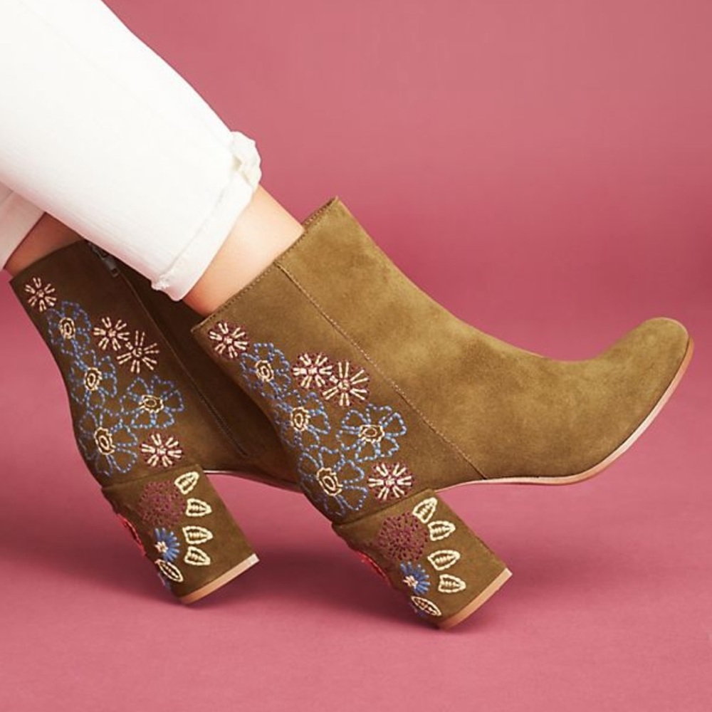 Olive Floral Brocade Genuine Suede Block Heel Boot